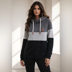 Wanakome Xander Hooded Sweatshirt Color Block Cowl Neck Lagenlook Cabincore Cozy